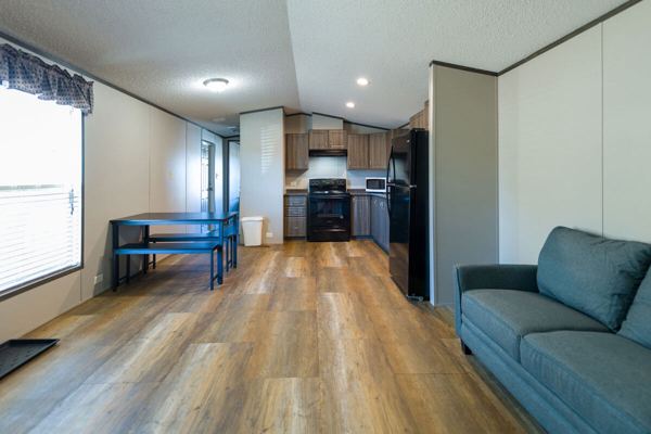 Open living room and kitchen with wood-look flooring